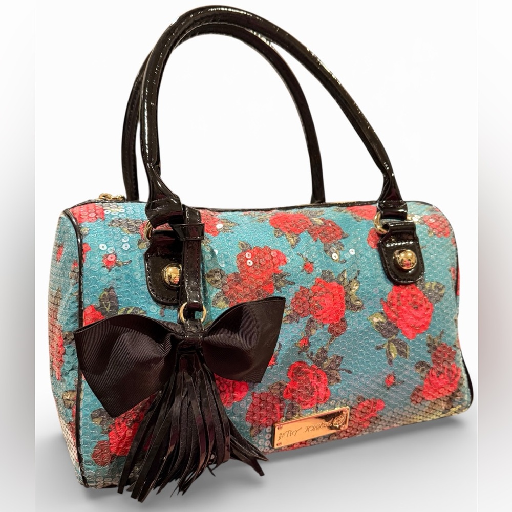 Betsey Johnson vintage red rose turquoise sequin satchel
